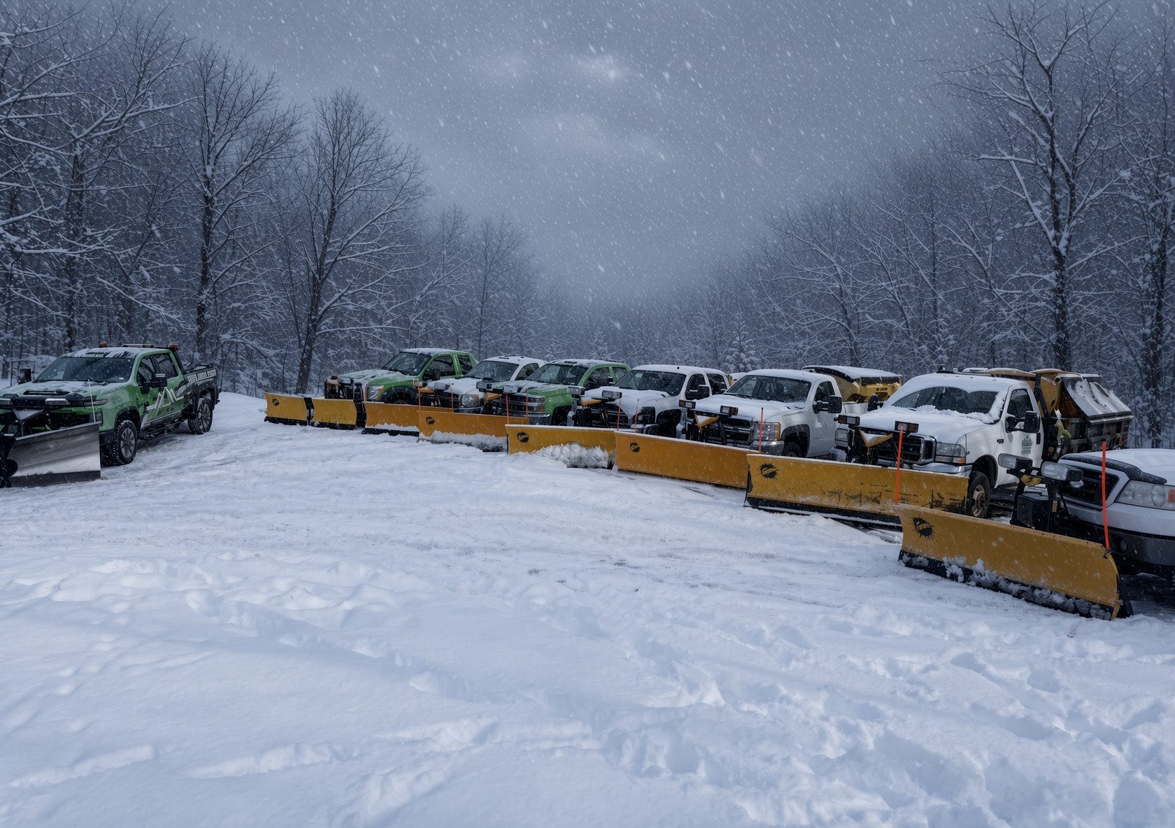 The 603 Snow & Ice fleet of plow trucks lined up with blades down in a snow-covered lot during an active snowstorm