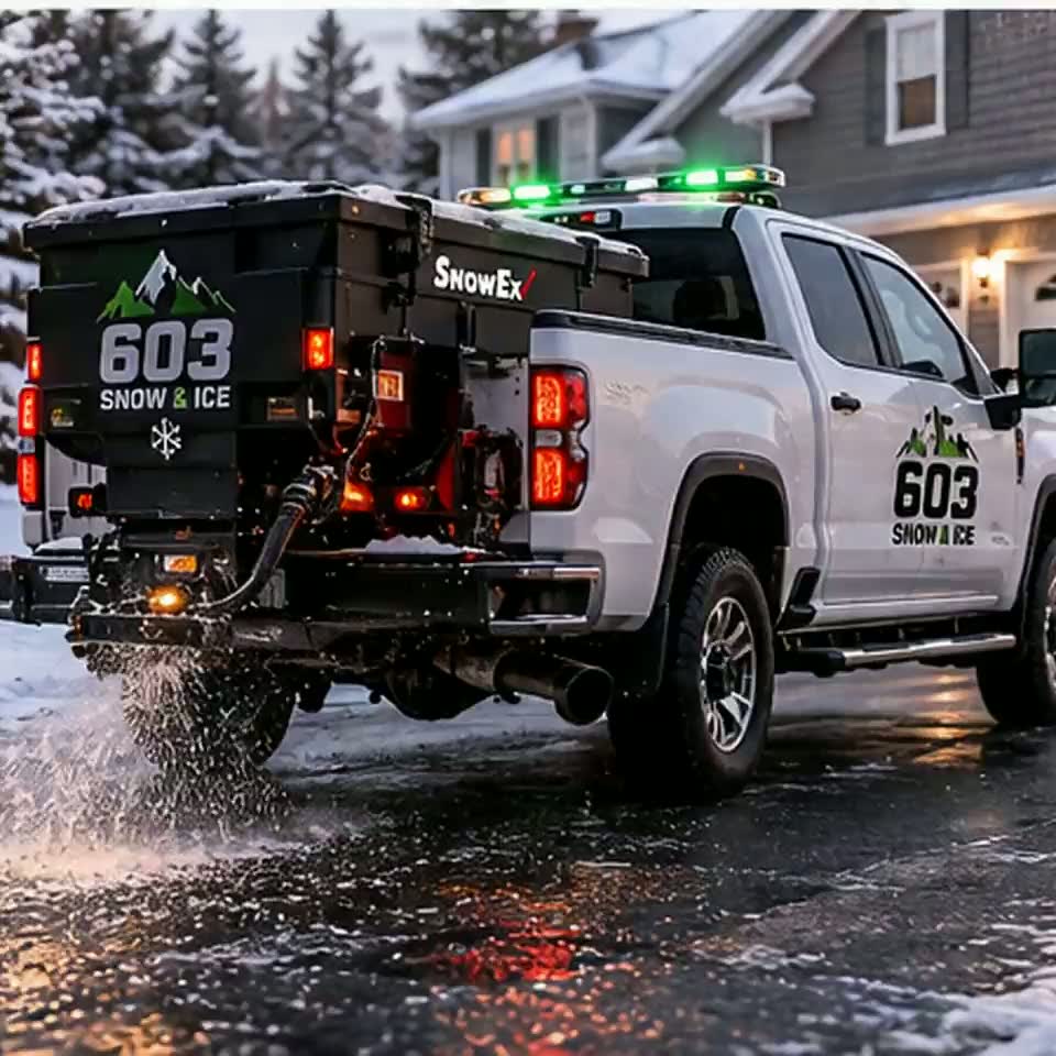 A 603 Snow & Ice truck applying salt across a residential driveway