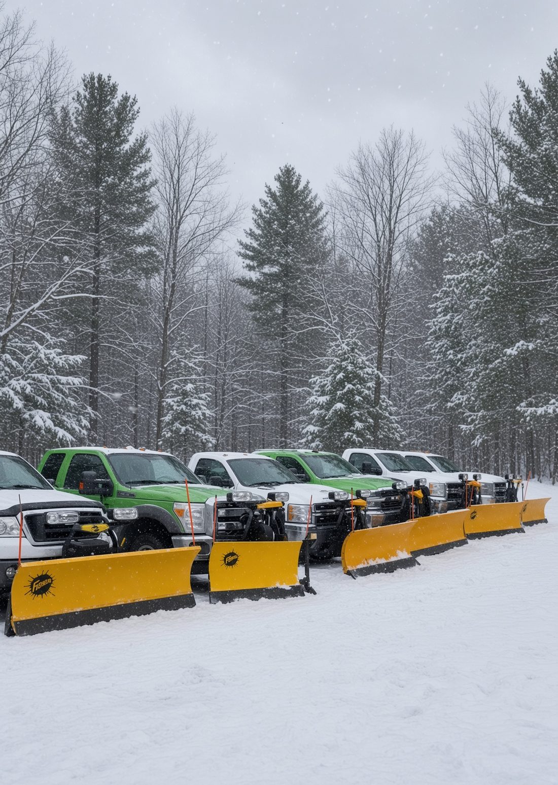 The 603 Snow & Ice fleet of green and white plow trucks with yellow blades staged in a snow-covered lot during falling snow
