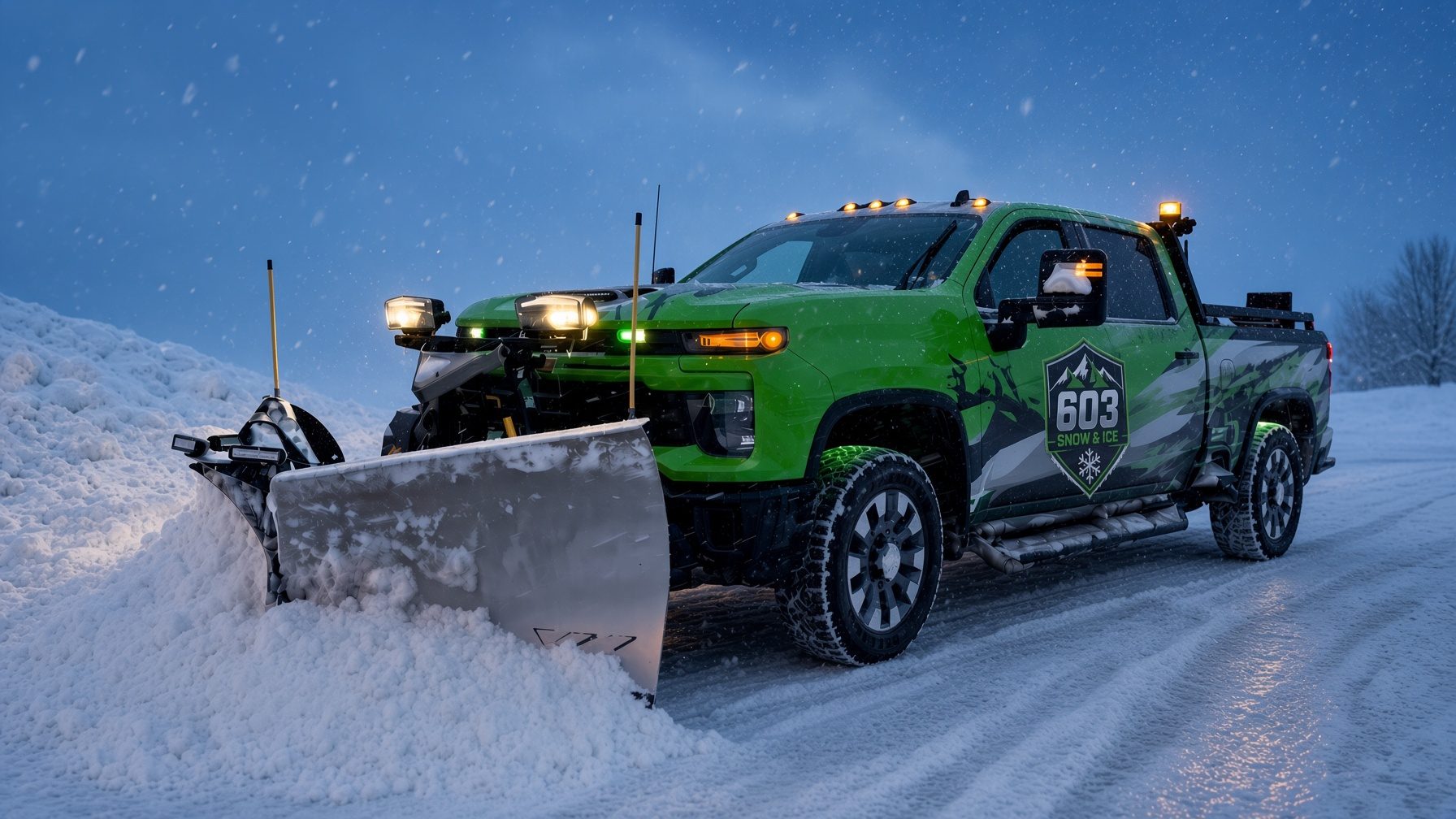 A green 603 Snow & Ice plow truck with its blade down, clearing a snow-covered road at blue hour during falling snow